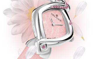 Valentine : Montre étanche en acier sertie de 17 saphirs roses, nacre en luz flamingo, aiguilles nickelées, cabochon en acier avec un saphir rose, bracelet en satin rose
