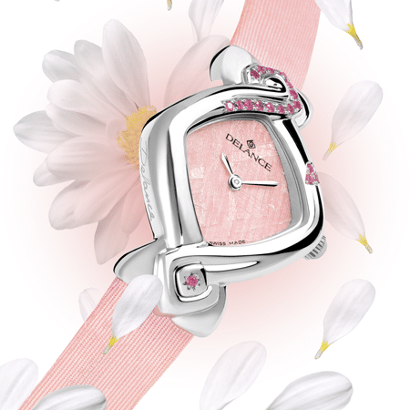 Valentine : Montre étanche en acier sertie de 17 saphirs roses, nacre en luz flamingo, aiguilles nickelées, cabochon en acier avec un saphir rose, bracelet en satin rose