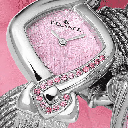 pink women watches - La vie en rose: Steel watch set with 17 pink sapphires, special pink luz dial, nickel-plated hands, gold cabochon, silver cascade bracelet