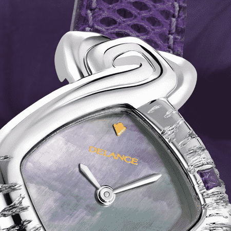 personalized watches for women - Violet: Steel watch engraved and set with an amethyst, blue-purple mother-of pearl dial, nickel-plated hands, steel engraved cabochon, purple lizard strap