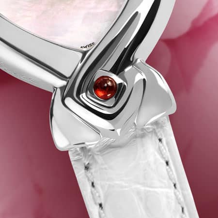 White watches for women - White Lily: Steel watch, white mother-of-pearl dial, gold-plated hands, gold cabochon with a ruby, white alligator strap