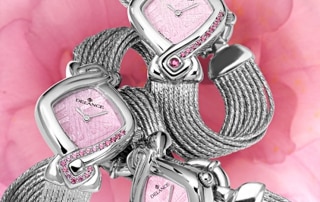 pink women watches - La vie en rose: Steel watch set with 17 pink sapphires, special pink luz dial, nickel-plated hands, gold cabochon, silver cascade bracelet