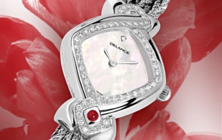 luxury wrist watches for women - Infinity steel cascade: Steel watch set with 50 diamonds, white mother-of pearl dial, nickel-plated hands, steel cabochon with a ruby, silver cascade bracelet