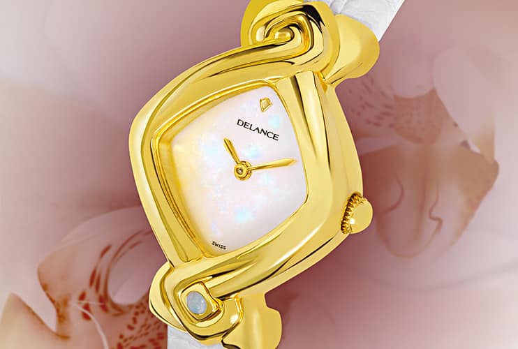 White watches for women - Orchidée: Gold watch, white mother-of-pearl dial, gold-plated hands, gold cabochon with a opal, white alligator strap