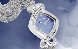 Uhren für Frauen Geburtstag Sweet Sixteen: Stahlduhr mit 16 Diamanten, Zifferblatt Perlmutter blau, vernickelte Hände, Stahlcabochom mit einem Saphir , Silberarmband Cascade