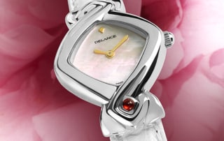 White watches for women - White Lily: Steel watch, white mother-of-pearl dial, gold-plated hands, gold cabochon with a ruby, white alligator strap